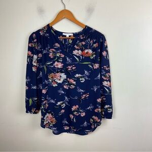 Fun2fun Kenmore Split Neck Navy Blue Floral Blouse Top‎ Shirt Office Small NWOT